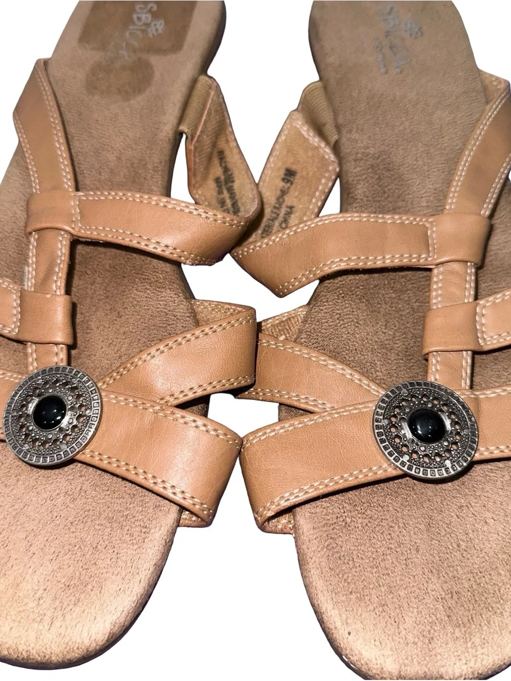 Sbicca Rachel Tan Comfort Slide Sandals Women’s Sz 9 Boho Casual Slip On Wedge